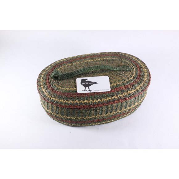 Vintage woven pine needle basket, natural fibre arts sewing basket, lidded - Picture 8 of 10